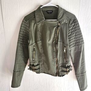 Bebe Nakita Moto Jacket Olive Green with Gold Detailing Medium